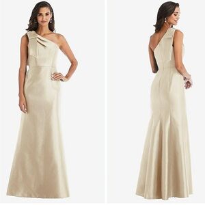 ALFRED SUNG Bow One-Shoulder Champagne Satin Twill Trumpet Maxi Gown NWT size 10